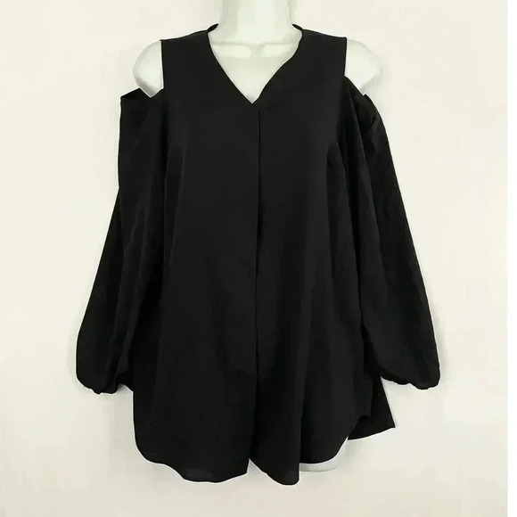 Chico's Black V Neck Blouse Sz 0 Cold Shoulder Sleeves Women's Button Up - Picture 1 of 11